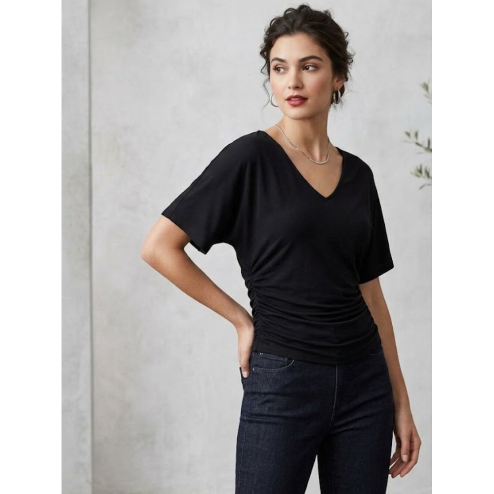 White House Black Market Womens Black Ruched V-Neck Short Sleeve Top M RN111459